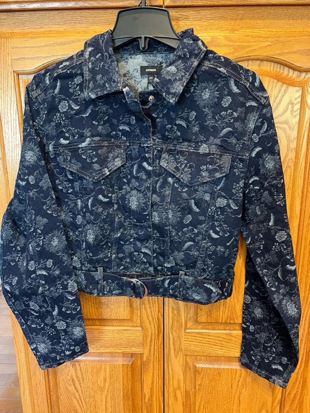 Express Navy Floral Cropped Jean Jacket